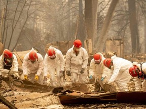 Rescue workers sift through rubble in search of human remains at a burned property in Paradise, California on November 14, 2018.