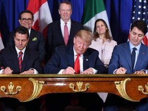 Mexico's President Enrique Pena Nieto (L) US President Donald Trump (C) and Canadian Prime Minister Justin Trudeau, sign a new free trade agreement in Buenos Aires, on November 30, 2018, on the sidelines of the G20 Leaders' Summit. - The revamped accord, called the US-Mexico-Canada Agreement (USMCA), looks a lot like the one it replaces. But enough has been tweaked for Trump to declare victory on behalf of the US workers he claims were cheated by NAFTA.