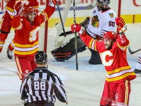 Calgary Flames Michael Frolik celebrates after scoring against the Chicago Blackhawks in NHL hockey at the Scotiabank Saddledome in Calgary on Saturday. Photo by Al Charest/Postmedia