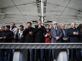The members of Arab-Turkish Media Association and friends attend funeral prayers in absentia for Saudi writer Jamal Khashoggi who was killed last month in the Saudi Arabia consulate, in Istanbul, Friday, Nov. 16, 2018.