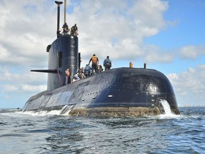 In this undated file photo provided by the Argentina Navy shows an ARA San Juan, a German-built diesel-electric vessel, near Buenos Aires, Argentina. Argentina's navy announced early Saturday, Nov. 17, 2018, that searchers found the missing submarine ARA San Juan deep in the Atlantic a year after it disappeared with 44 crewmen aboard.