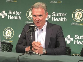 Oakland Athletics executive vice president of baseball operations Billy Beane takes part in a news conference in Oakland, Calif., Monday, Oct. 29, 2018. (AP Photo/Janie McCauley)