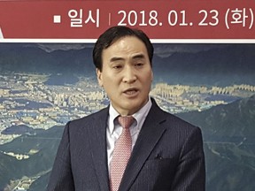 In this Jan. 23, 2018, photo, Kim Jong Yang, the senior vice president of Interpol executive committee, speaks during a press conference in Changwon, South Korea. On Wednesday, Nov. 21, 2028, Interpol elected Kim Jong Yang as its president in a blow to Russian efforts at naming one of their own.
