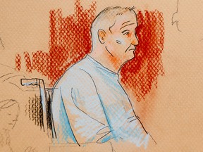 This courtroom sketch depicts Robert Gregory Bowers, who was wounded in a gun battle with police as he appeared in a wheelchair at federal court on Monday, Oct. 29, 2018, in Pittsburgh. (Dave Klug via AP)