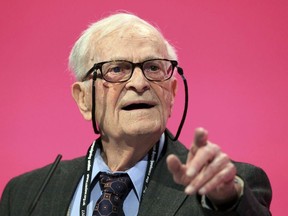This Sept. 24, 2014 photo shows World War II veteran and political activist Harry Leslie Smith speaking during the Labour Party annual conference, in Manchester. His son John said on Twitter that Smith died Wednesday, Nov. 28, 2018 in Canada at 95 after being hospitalized following a recent fall. (Peter Byrne/PA via AP) ORG XMIT: LBL801