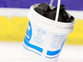 A bucket of pucks.