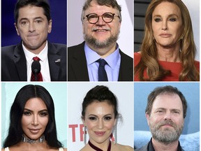 This combination photo shows celebrities, top row from left, Scott Baio, Guillermo del Toro, Caitlyn Jenner and bottom row from left, Kim Kardashian, Alyssa Milano and Rainn Wilson, who have been forced to evacuate their homes due to a fast-moving wildfire in Southern California. (AP Photo)
