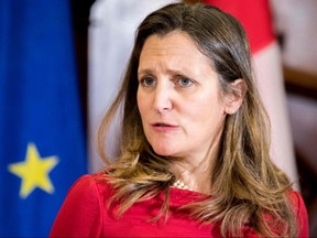 Canadian Foreign Minister Chrystia Freeland speaks at a joint press conference with EU Foreign Minister Federica Mogherini during the Joint Ministerial Committee Meeting between Canada and the European Union in Montreal, Nov. 6, 2018.