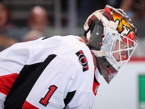 Senators goaltender Mike Condon looks down the ice during the first period against the Arizona Coyotes on Tuesday night.