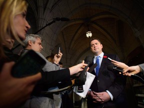 Conservative Leader Andrew Scheer speaks to media on Parliament Hill, in Ottawa on November 7, 2018. The federal Conservatives return to the House of Commons today after a tumultuous two weeks that included losing one of their most well-known MPs to a sexual harassment scandal.