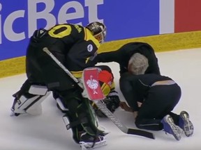 Daniel Paille lays on the ice as trainers attend to him following a blindside hit during a game in Sweden on Nov. 7, 2017.
