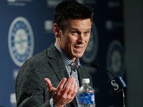 In this Jan. 25, 2018, file photo, Seattle Mariners general manager Jerry Dipoto speaks during the Mariners annual media briefing before the start of spring training baseball.
