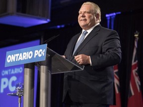 Ontario Premier Doug Ford addresses the Ontario PC Convention in Toronto, on Friday Nov. 16 , 2018.