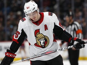 Ottawa Senators centre Matt Duchene reacts after the Senators lost the lead to his former team, the Colorado Avalanche, Friday, Oct. 26, 2018, in Denver. (AP Photo/David Zalubowski)