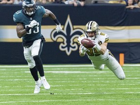 New Orleans Saints tight end Dan Arnold makes a diving catch during an NFL football game against the Philadelphia Eagles on Sunday, Nov. 18, 2018. (Scott Clause/The Daily Advertiser via AP)