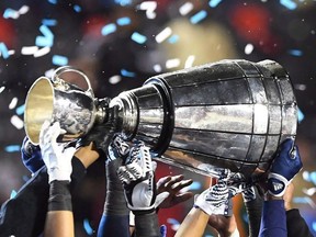 Despite winning the West in 2016 and 2017, Calgary is 0-2 in Grey Cup appearances over those years. The Toronto Argonauts celebrate as they hoist the Grey Cup after defeating the Calgary Stampeders in the 105th Grey Cup, in Ottawa on Sunday, Nov. 26, 2017.