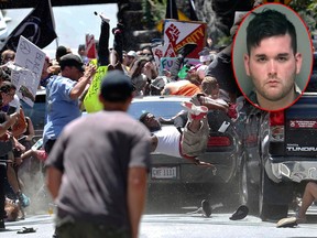 In this Aug. 12, 2017, file photo, people fly into the air as a vehicle is driven into a group of protesters demonstrating against a white nationalist rally in Charlottesville, Va. The accused, James Alex Fields Jr., is seen (inset). (Ryan M. Kelly/The Daily Progress via AP, File/Albemarle-Charlottesville Regional Jail via AP, File)