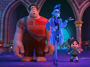 This image released by Disney shows characters, from left, Ralph, voiced by John C. Reilly, Yess, voiced by Taraji P. Henson and Vanellope von Schweetz, voiced by Sarah Silverman in a scene from "Ralph Breaks the Internet."  (Disney via AP) ORG XMIT: NYET615