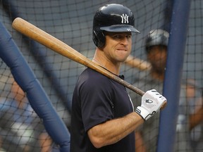 In this Oct. 8, 2018 file photo, New York Yankees' Brett Gardner waits for his turn in the batting cage before an American League Division Series baseball game against the Boston Red Sox, in New York.