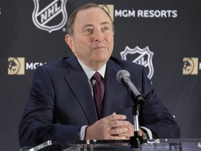NHL commissioner Gary Bettman speaks during a news conference in New York on Oct. 29, 2018.