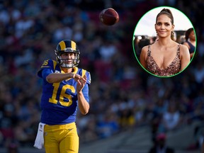 Quarterback Jared Goff of the Los Angeles Rams passes in the third quarter against the Seattle Seahawks at Los Angeles Memorial Coliseum on Nov. 11, 2018 in Los Angeles. Halle Berry (inset) learned while watching the game that Goff named a play after her.