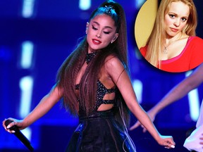 Ariana Grande will play homage to "Mean Girls" as its head Plastic Regina George (Rachel McAdams inset in a publicity photo for the film) in the music video for her hit single "Thank U, Next."    (Chris Pizzello/Invision/AP/Handout Photo/File) ORG XMIT: NY112