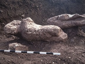 This undated photo provided by the Greek Culture Ministry on Saturday, Nov. 3, 2018, shows statues which were discovered at the town of Atalanti, in central Greece. (Greek Culture Ministry via AP)