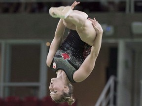 Canada's Rosie MacLennan, from King City, Ont., performs her gold medal winning routine during the trampoline gymnastics finals at the 2016 Summer Olympics Friday, August 12, 2016 in Rio de Janeiro, Brazil.