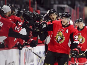 Senators centre Matt Duchene (95) at the bench after scoring a goal against the Panthers on Monday night.