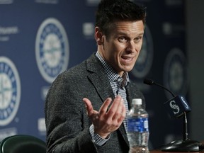In this Jan. 25, 2018, file photo, Mariners general manager Jerry Dipoto speaks during the Mariners annual media briefing before the start of spring training.