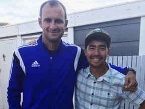 In this October 2018 photo, American adventurer John Allen Chau, right, stands for a photograph with Founder of Ubuntu Football Academy Casey Prince, 39, in Cape Town, South Africa, days before he left for in a remote Indian island of North Sentinel Island, where he was killed.