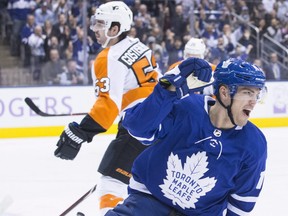 Maple Leafs forward Andreas Johnsson celebrates after scoring his second goal against the Flyers on Saturday night at Scotiabank Arena.