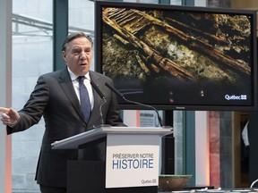 Quebec Premier Francois Legault speaks about a major archeological find Tuesday, November 6, 2018 in Quebec City.
