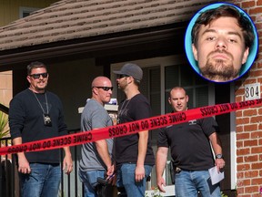 FBI agents collecting evidence at the home of suspected nightclub shooter Ian David Long (inset) in Thousand Oaks, northwest of Los Angeles, on Nov. 8, 2018.