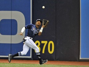 In this Sept. 29, 2018, file photo, Tampa Bay Rays centre fielder Mallex Smith makes a running catch on a fly ball hit by Toronto Blue Jays' Jon Berti in St. Petersburg, Fla. (AP Photo/Steve Nesius, File)