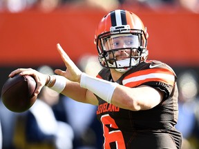 Baker Mayfield of the Cleveland Browns throws a second quarter pass against the Kansas City Chiefs at FirstEnergy Stadium on Nov. 4, 2018 in Cleveland, Ohio.