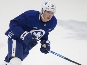 Maple Leafs forward Mitch Marner skates at practice in Toronto on Nov. 2, 2018.