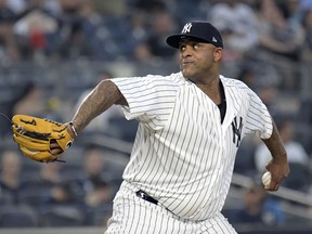 In this Wednesday, Aug. 29, 2018 file photo, New York Yankees pitcher CC Sabathia delivers the ball to the Chicago White Sox at Yankee Stadium in New York.