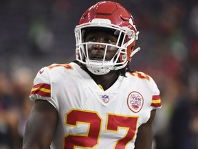 In this Oct. 8, 2017, file photo, Kansas City Chiefs running back Kareem Hunt warms up for the team's NFL football game against the Houston Texans in Houston.