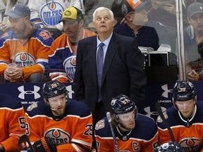 Edmonton Oilers head coach Ken Hitchcock on the bench against the Dallas Stars during NHL hockey game action in Edmonton on Tuesday Nov. 27,2018.
