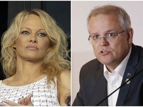 In this combination of file photos, on Oct. 7, 2018, actress Pamela Anderson applauds at the start of the League One soccer match between Marseille and Caen at the Velodrome stadium, in Marseille, southern France; left, and on Nov. 18, 2018, Australian Prime Minister Scott Morrison speaks during the Leaders Electrification Project meeting as part of the APEC 2018 at Port Moresby, Papua New Guinea. Appearing on Australia's "60 Minutes" this month, Anderson urged Morrison to bring WikiLeaks founder Julian Assange to Australia. (AP Photo, File)