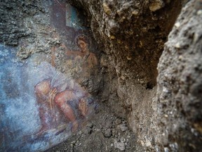 The fresco ''Leda e il cigno'' (Leda and the swan) discovered last Friday in the Regio V archeological area in Pompeii, near Naples, Italy, is seen Monday, Nov. 19, 2018. The fresco depicts a story and art subject of Greek mythology, with goddess Leda being impregnated by Zeus -  Jupiter in Roman mythology - in the form of a swan.