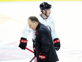 Ottawa Senators assistant coach Martin Raymond (left) and Senators forward Matt Duchene are shown during a team practice in Ottawa on Tuesday, November 6, 2018. (THE CANADIAN PRESS/Fred Chartrand)