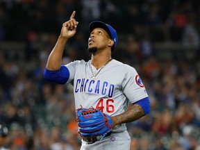 In this Aug. 22, 2018 file photo Chicago Cubs relief pitcher Pedro Strop celebrates the final out of the eighth inning of the team's baseball game against the Detroit Tigers in Detroit.