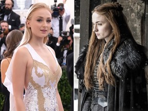 Blond "Game of Thrones" star Sophie Turner is seen with her preferred hair colour (L) in a 2017 file photo  and as the red-headed Sansa Stark (R) in a publicity photo from the seventh season of the fantasy TV series. (Charles Sykes/Invision/AP/Helen Sloan/Courtesy of HBO via AP)