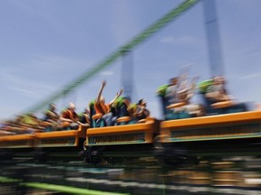 Riders on the "Kingda Ka" roller coaster are launched up to 128 mph (205 kph) on the ride 19 May, 2005, at Six Flags amusement park in Jackson, New Jersey. AFP PHOTO/Stan HONDA
