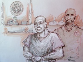 In this courtroom sketch, Cesar Sayoc, left, appears in federal court, Monday, Oct. 29, 2018, in Miami. Sayoc is accused of sending pipe bombs to prominent Democrats around the country. If foreign citizens had mailed pipe bombs to prominent Democrats, or massacred Jews in a synagogue, there's a good chance they would have been charged with terrorism. But that won't happen with either of the men charged in the recent wave of mail bombs and the Pittsburgh shootings. That's because there's no domestic terrorism law.