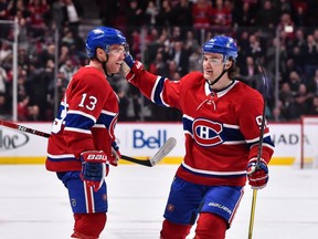 Canadiens' Max Domi, left, and Jonathan Drouin combined to score three goals and collect six points against the Senators at the Bell Centre Tuesday night.