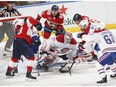 Canadiens goaltender Antti Niemi defends the net during a third period scramble against the Florida Panthers at the BB&T Center on Friday, Dec. 28, 2018, in Sunrise, Fla.