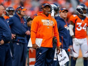 Head coach Vance Joseph of the Denver Broncos works on the sideline int he first half of a game against the Los Angeles Chargers at Broncos Stadium at Mile High on December 30, 2018 in Denver, Colorado.